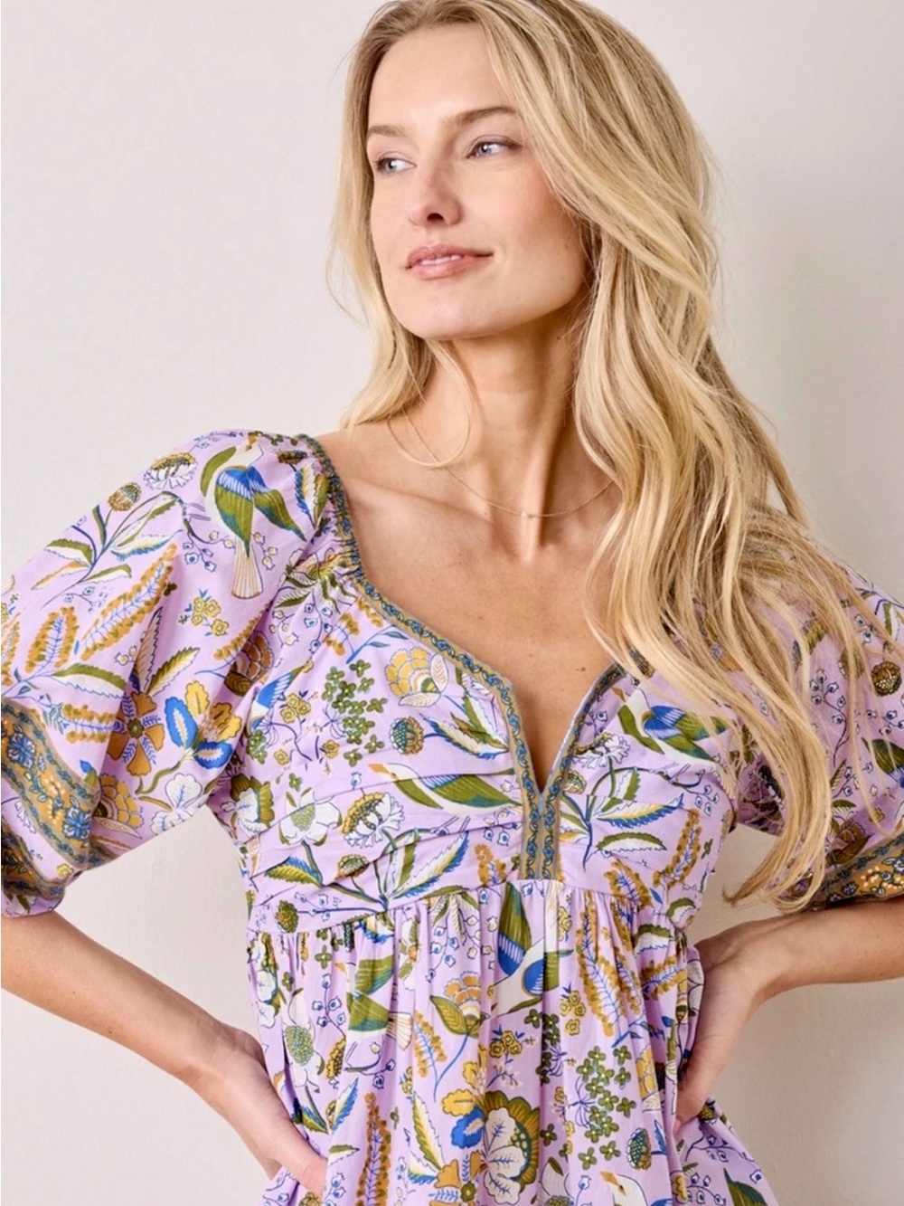 NWT Printfresh Lilac Floral Cotton Maxi Dress with Puff Sleeves M - Picture 2 of 5